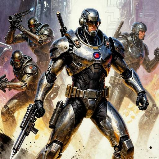 Digital artwork of a muscular, armored, futuristic soldier with a red emblem, standing heroically amidst explosions, flanked by four similarly armored, gun-w