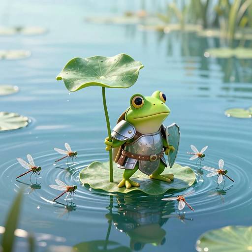 Digital illustration of a green frog in medieval armor, holding a lily pad shield, standing on a lily pad in a pond, surrounded by six