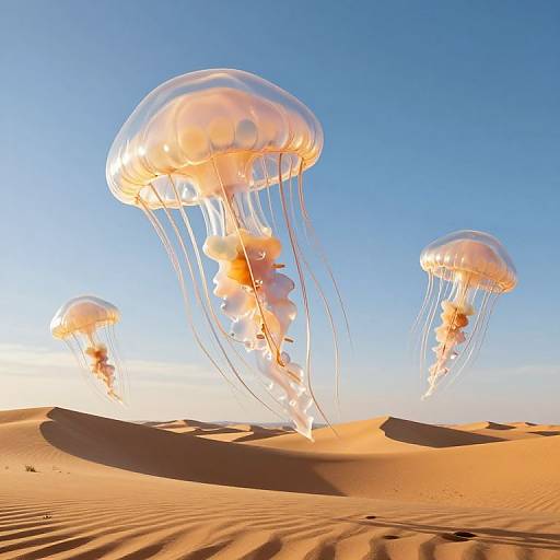 Photograph of glowing jellyfish with translucent, orange-tinted domes floating above golden sand dunes under a clear, bright blue sky.