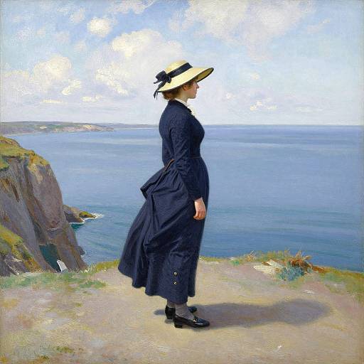 Oil painting of a Victorian woman in a black dress and straw hat, standing on a cliff overlooking a blue ocean.