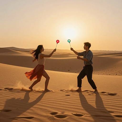 Photograph of a silhouetted couple playfully juggling balloons in a golden desert sunset, casting long shadows on the sand.
