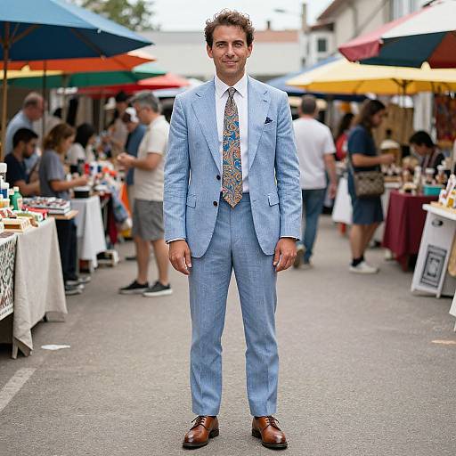 Photograph of a stylish man in a light blue suit, colorful tie, and brown shoes standing at a bustling outdoor market with colorful umbrellas and people