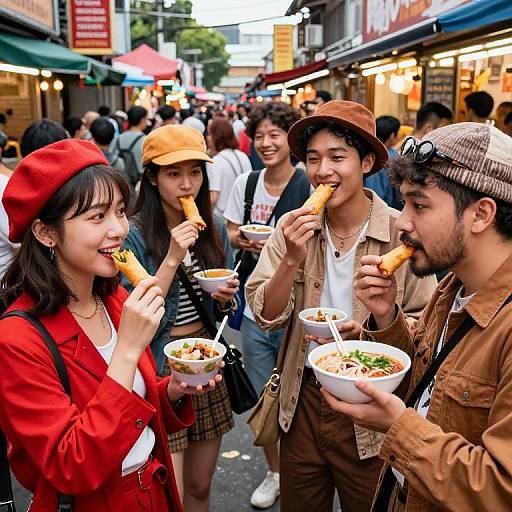 Photograph of four young Asian adults eating street food in a bustling market, wearing casual clothes and hats, smiling, with bowls and skewers in hand