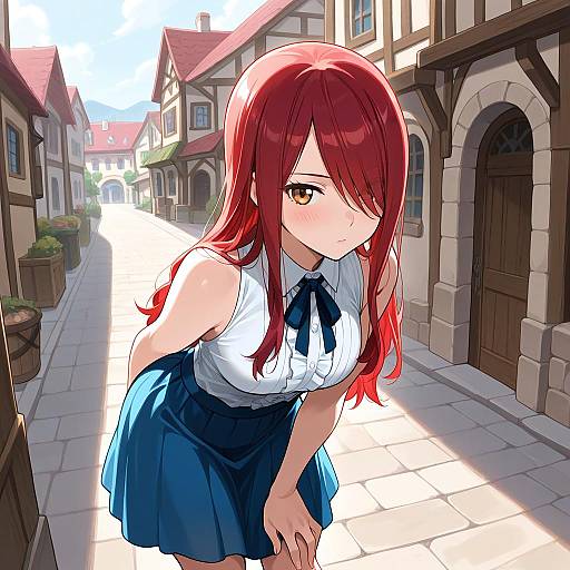 Digital anime-style drawing of a red-haired girl in a white blouse and blue skirt, standing on a sunlit, medieval-style street.