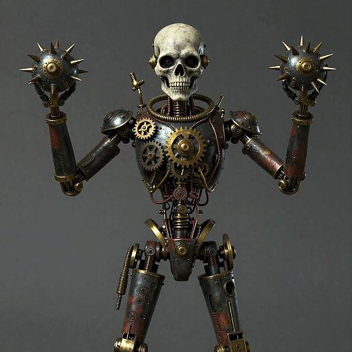 Steampunk-style skeletal robot with golden gears, spikes, and dark metallic limbs, holding spiked clubs against a gray background. CGI artwork.