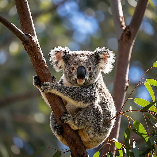 Photograph of a fluffy, grey koala with white ear tufts and black nose, clinging to a tree branch in a sunlit forest.