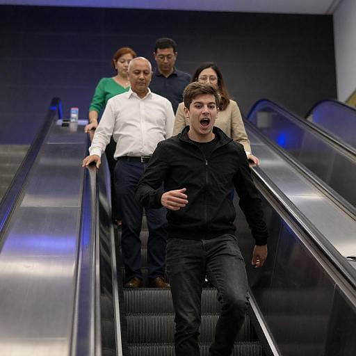 Young Man Running on Underground Escalator