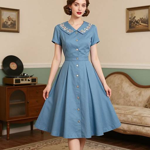 Photograph of a fair-skinned woman with short, curly brown hair in a 1950s-style blue dress with white floral collar, standing in
