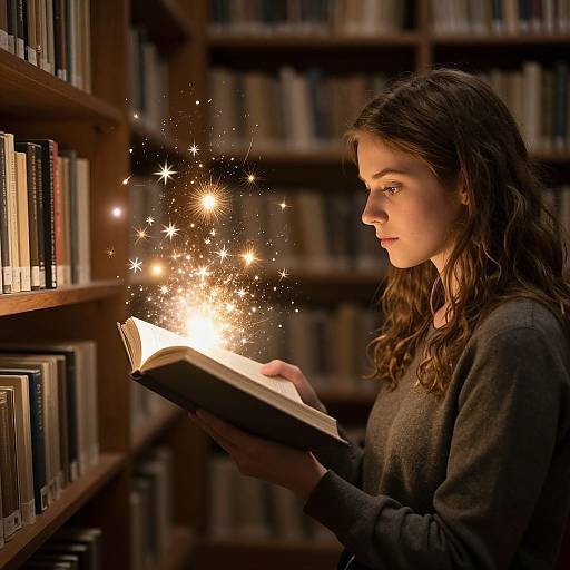 Photograph of a young woman with long brown hair, wearing a gray sweater, reading a book in a library, surrounded by magical, glowing sparks.