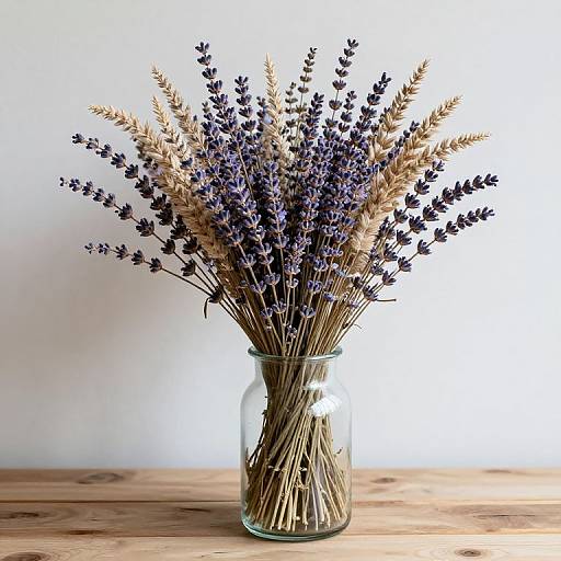 Photograph of a clear glass vase filled with mixed lavender and wheat stalks, set on a wooden surface against a white background.