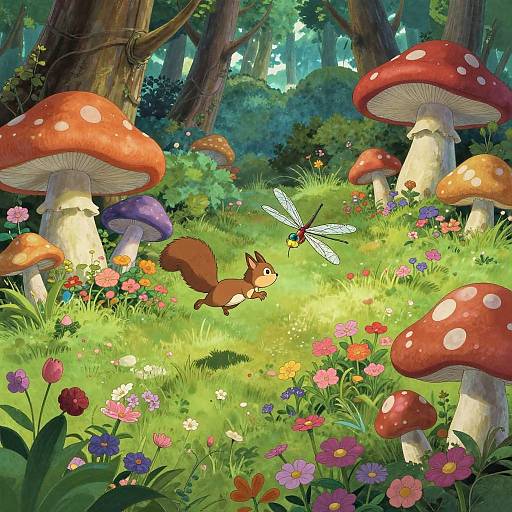 Vibrant forest scene: red-and-white-spotted mushrooms, colorful flowers, a jumping brown squirrel, and a glowing dragonfly in a sunlit