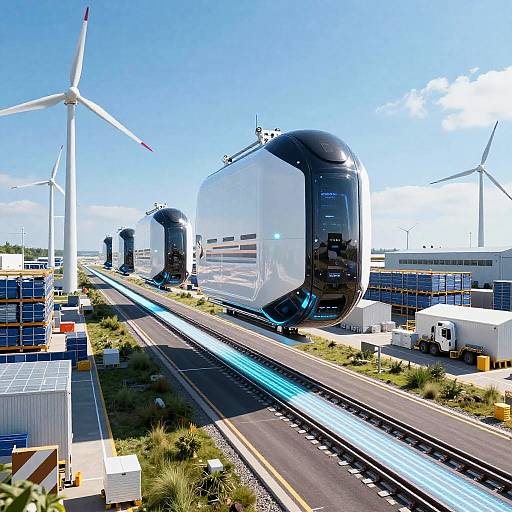 Photograph of futuristic, sleek, white and black train carriages on tracks beside wind turbines and industrial buildings under a clear blue sky.