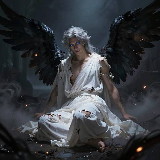 Digital art of a silver-haired, blue-eyed angel with black wings, wearing a torn white robe, sitting in a dark, misty forest.