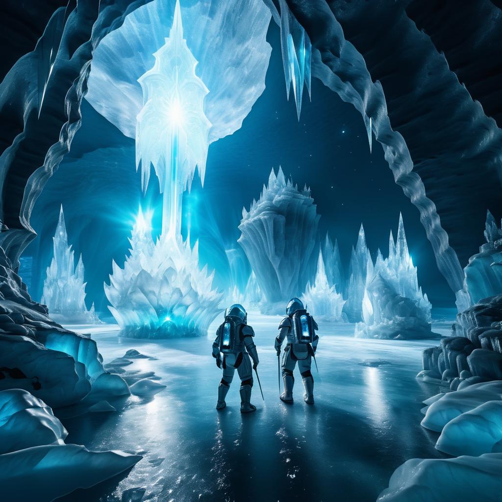 Medieval Explorers in a Glowing Ice Cave