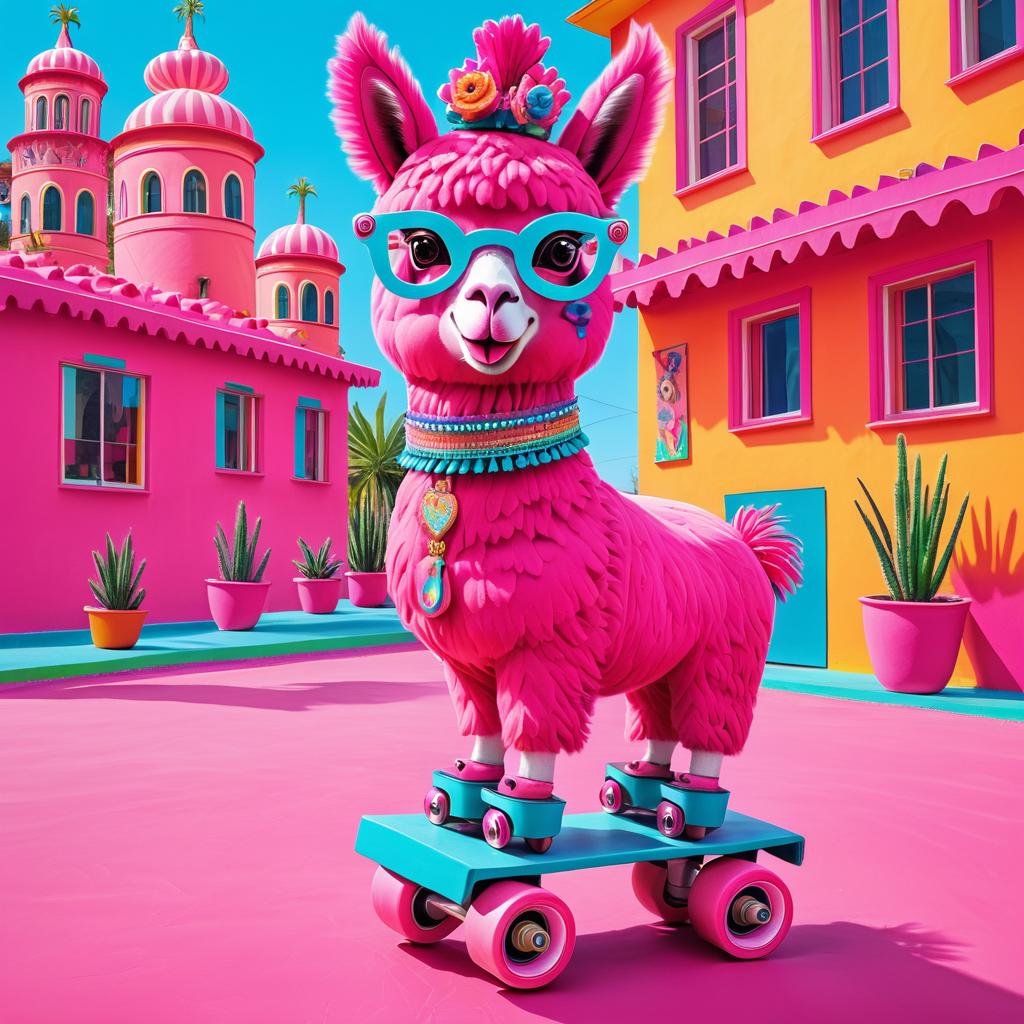 Whimsical Pink Llama on Roller Skates