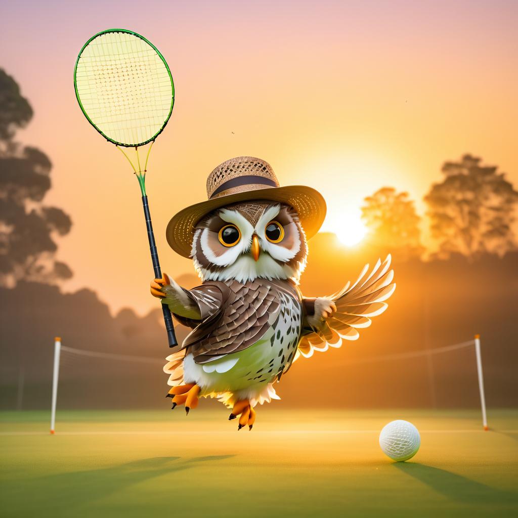 Owl in Hat Playing Badminton at Sunset