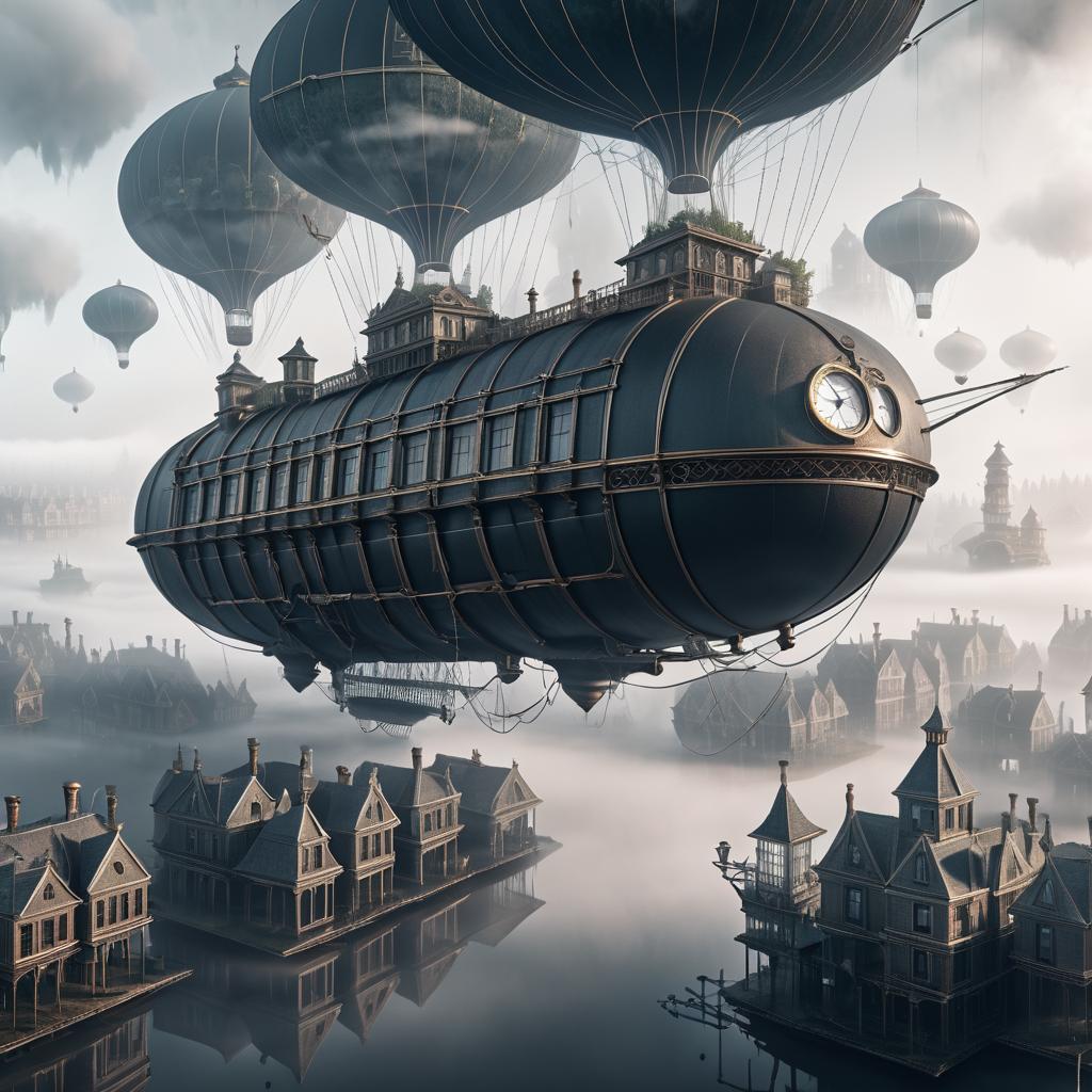 Victorian Airships Above Foggy Island