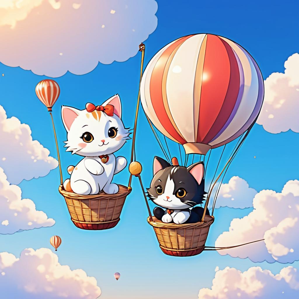 Cute Cats in Anime Hot Air Balloon