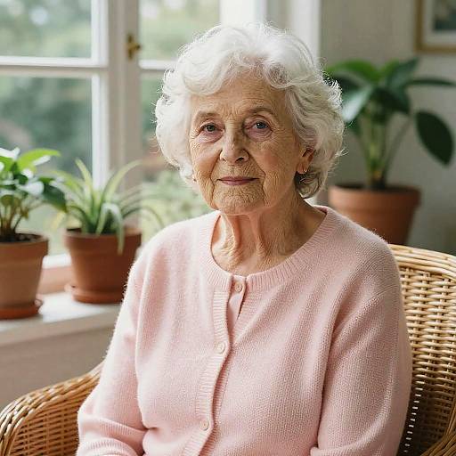 Photograph of an elderly white woman with curly white hair, wearing a pink cardigan, sitting in a wicker chair by a sunlit window with