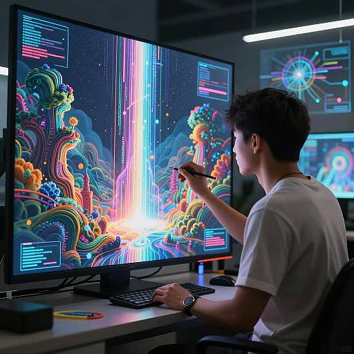 Photograph of a young man in a white t-shirt, seated at a desk, painting vibrant digital waves on a computer screen. Neon colors, futuristic