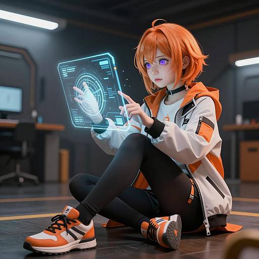 Futuristic Anime Girl with Holographic Interface