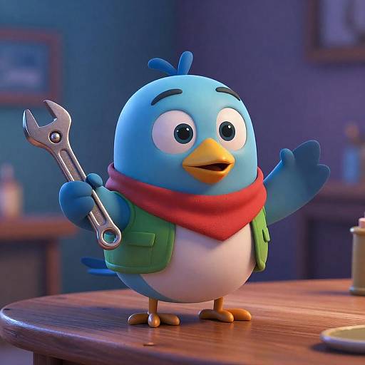 Cheerful Cartoon Bird Mechanic on Table