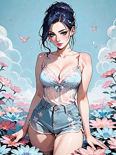 Anime Girl in Lace Camisole and Floral Shorts