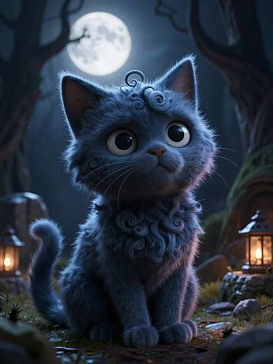 Digital illustration of a cute, curly-haired, blue-gray kitten with wide eyes, sitting in a moonlit forest, surrounded by glowing lanterns.