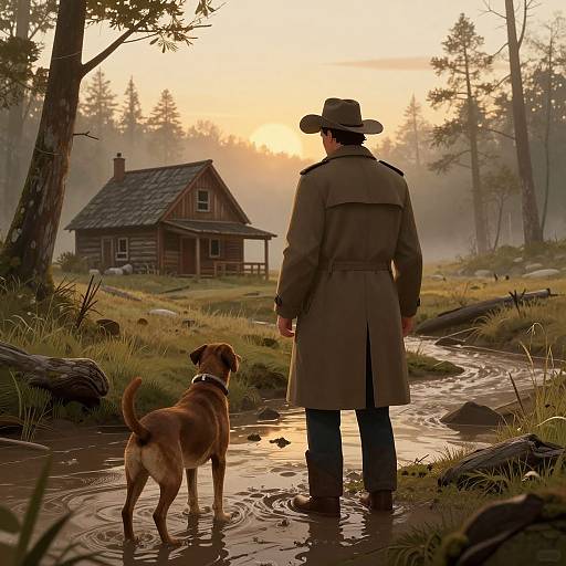 Photograph-style digital art of a man in a long brown coat and hat, standing in a creek, facing a wooden house at sunset with a brown