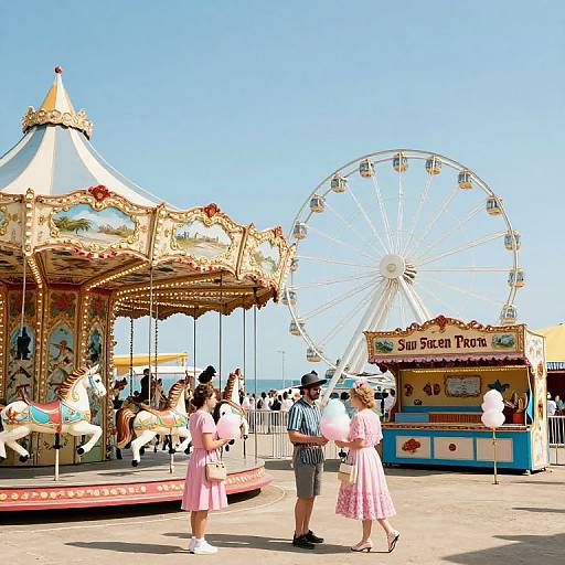 Photograph of a sunny amusement park with a colorful carousel, a large Ferris wheel, and three people in pink dresses and a man in striped shirt