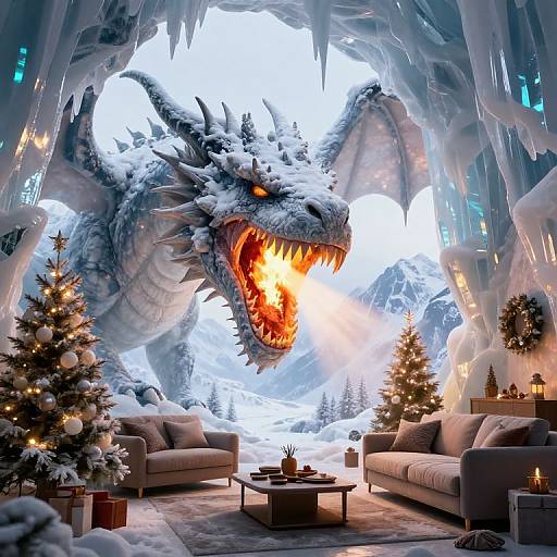 Digital artwork of a roaring, snow-covered dragon in an icy cave, surrounded by Christmas trees, sofas, and lit candles.