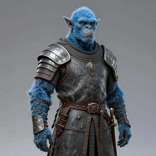 CGI image of a blue-furred, muscular orc warrior with pointed ears, wearing metal armor, leather tunic, and belt, standing against a