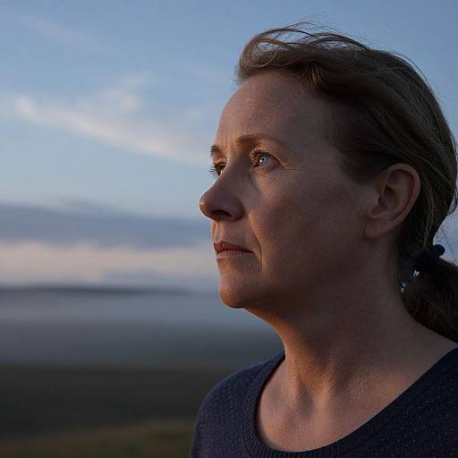 Photograph of a middle-aged woman with light brown hair, blue eyes, and fair skin, gazing into the distance at sunset, wearing a dark