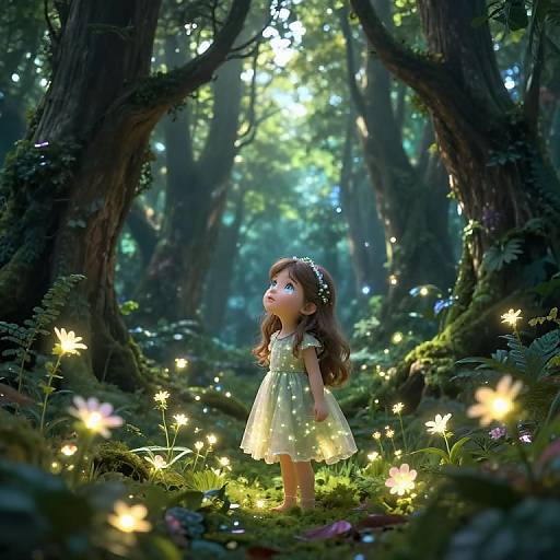 Digital painting of a young girl in a yellow fairy dress, surrounded by glowing fireflies in a magical, enchanted forest.