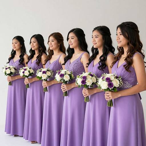 Photograph of five Asian women with long, wavy black hair, wearing matching lavender lace sleeve dresses, holding purple and white flower bouquets, standing