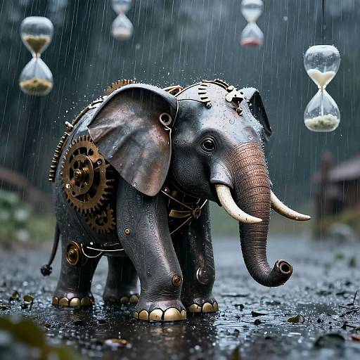 Photograph of a steampunk elephant with gears and metal embellishments standing in rainy forest, surrounded by floating hourglasses.