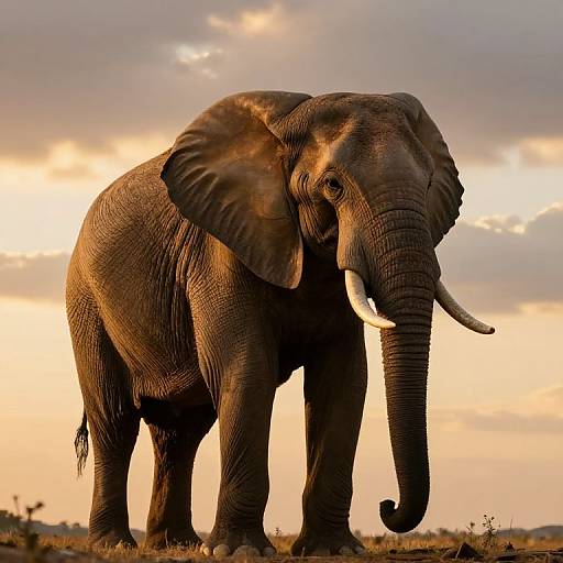 Photograph of a large, majestic African elephant standing in a grassy savanna at sunset, with golden sunlight highlighting its textured, dark gray skin and