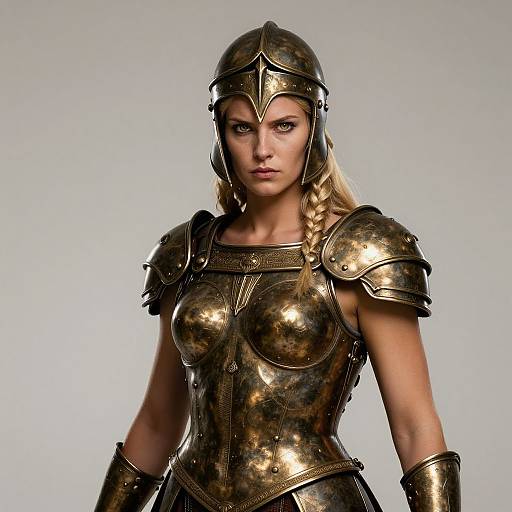 Photograph of a blonde woman in shiny, bronze medieval-style armor with a braided hair, helmet, and intense expression, set against a plain gray