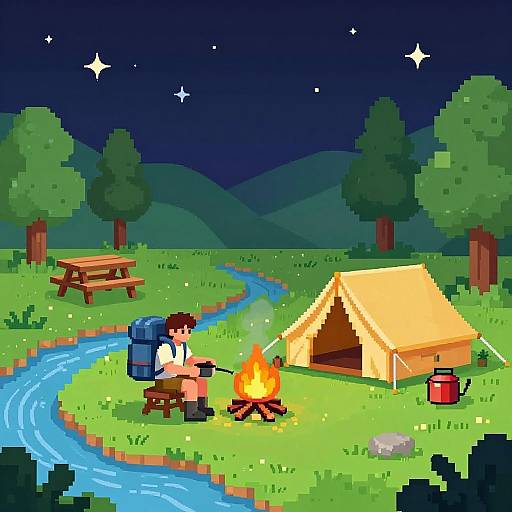 Pixel art of a boy camping by a fire, yellow tent, stream, picnic table, night sky, trees, and mountain background.