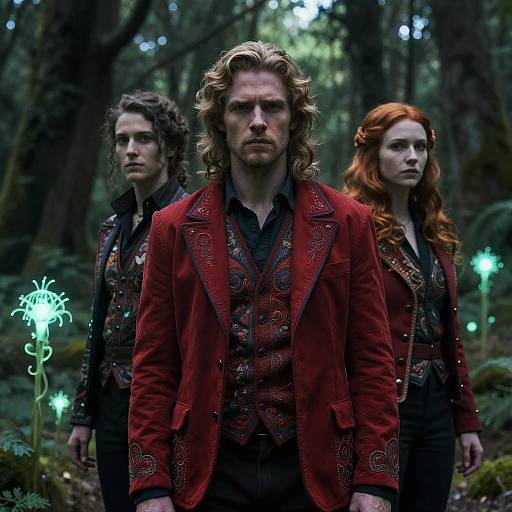 Photograph of three serious-looking characters in a dark forest; central figure with curly blond hair, red velvet jacket, flanked by red-haired and dark