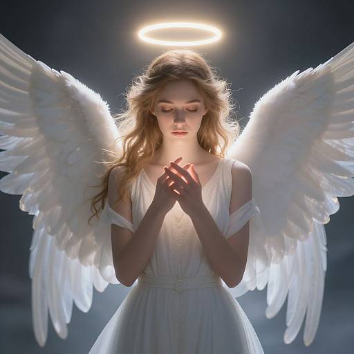 Digital artwork of a beautiful angelic woman with glowing halo, white dress, and large feathered wings, praying against a dark, ethereal background.