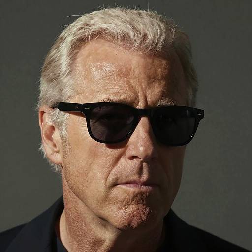 Photograph of an older white man with short, silver-gray hair, wearing black square sunglasses, and a dark shirt, against a dark gray background.