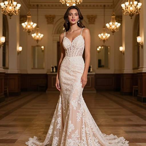 Photograph of a beautiful woman in a fitted, white lace wedding dress with a deep V-neck, standing in a grand, chandelier-lit ball