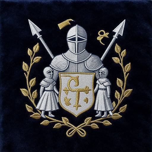 Medieval-style embroidered crest featuring a silver armored knight with a helmet, shield with gold cross, and two crossed arrows, framed by gold leaves and bow