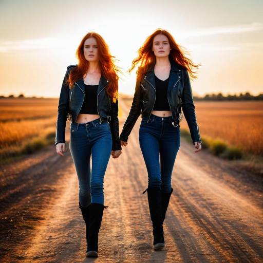 Redhead Twins Walking on Rural Road at Sunset
