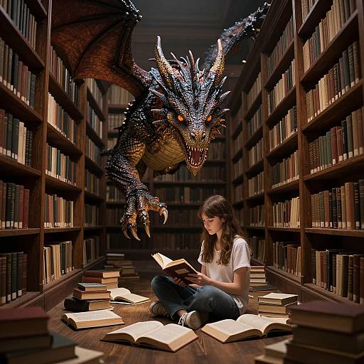 Photograph-style image of a young woman with long brown hair reading a book in a library, surrounded by books, while a large, fierce dragon lo