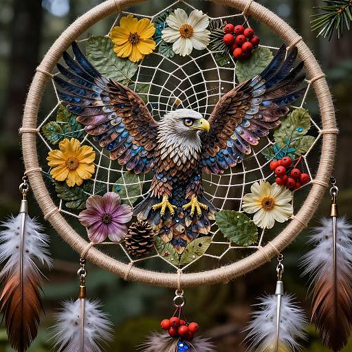 Vibrant photograph of a dreamcatcher with a detailed, colorful eagle feather design, surrounded by flowers, berries, and feather dangles.