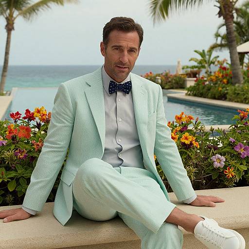 Photograph of a handsome man in a light blue pinstripe suit, black polka-dot bow tie, white shirt, and white sneakers, sitting
