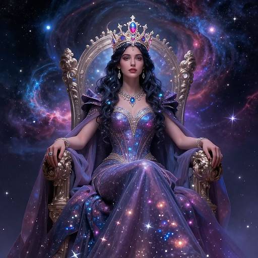 Digital artwork of a regal woman with long black hair, wearing a starry, galaxy-themed gown and crown, seated on an ornate throne in