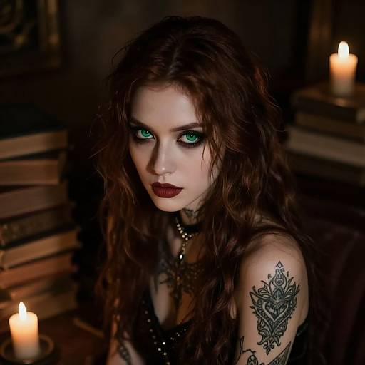 Gothic woman with piercing green eyes, dark wavy hair, deep red lipstick, black lace dress, intricate tattoo on shoulder, surrounded by candles